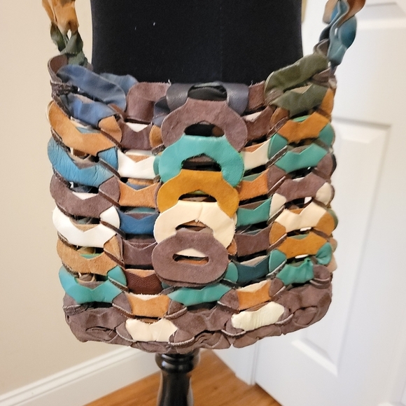 Boho Vintage Leather and Suede Multi Color Crossbody Bag - Picture 5 of 8